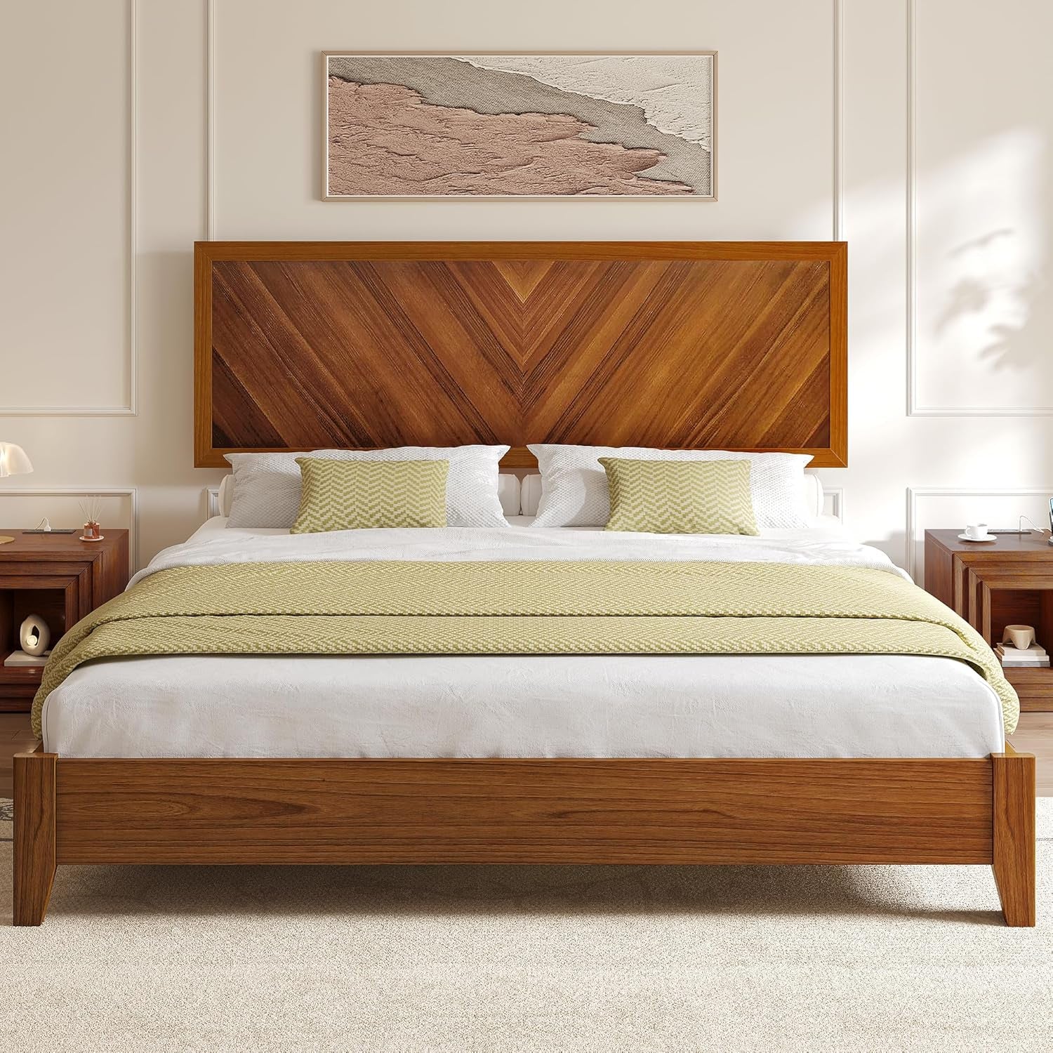 King Size Bed Frame with Adjustable Headboard, Farmhouse Wood Bed Frame with Solid Wood Slats Support, No Box Spring Needed, 12 Strong Wood Slat Support, Easy Assembly, Rustic Brown