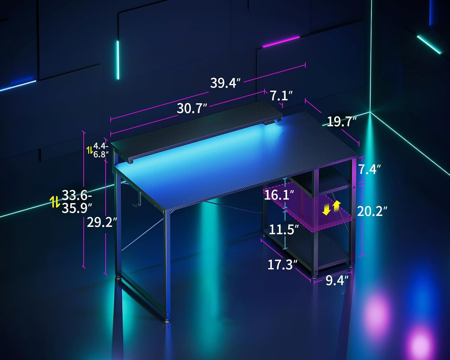 40 Inch Small Gaming Desk with Storage & Led Lights, Computer Desk with Shelf, Reversible Gamer Desk with Monitor Stand, Carbon Fiber Texture Black