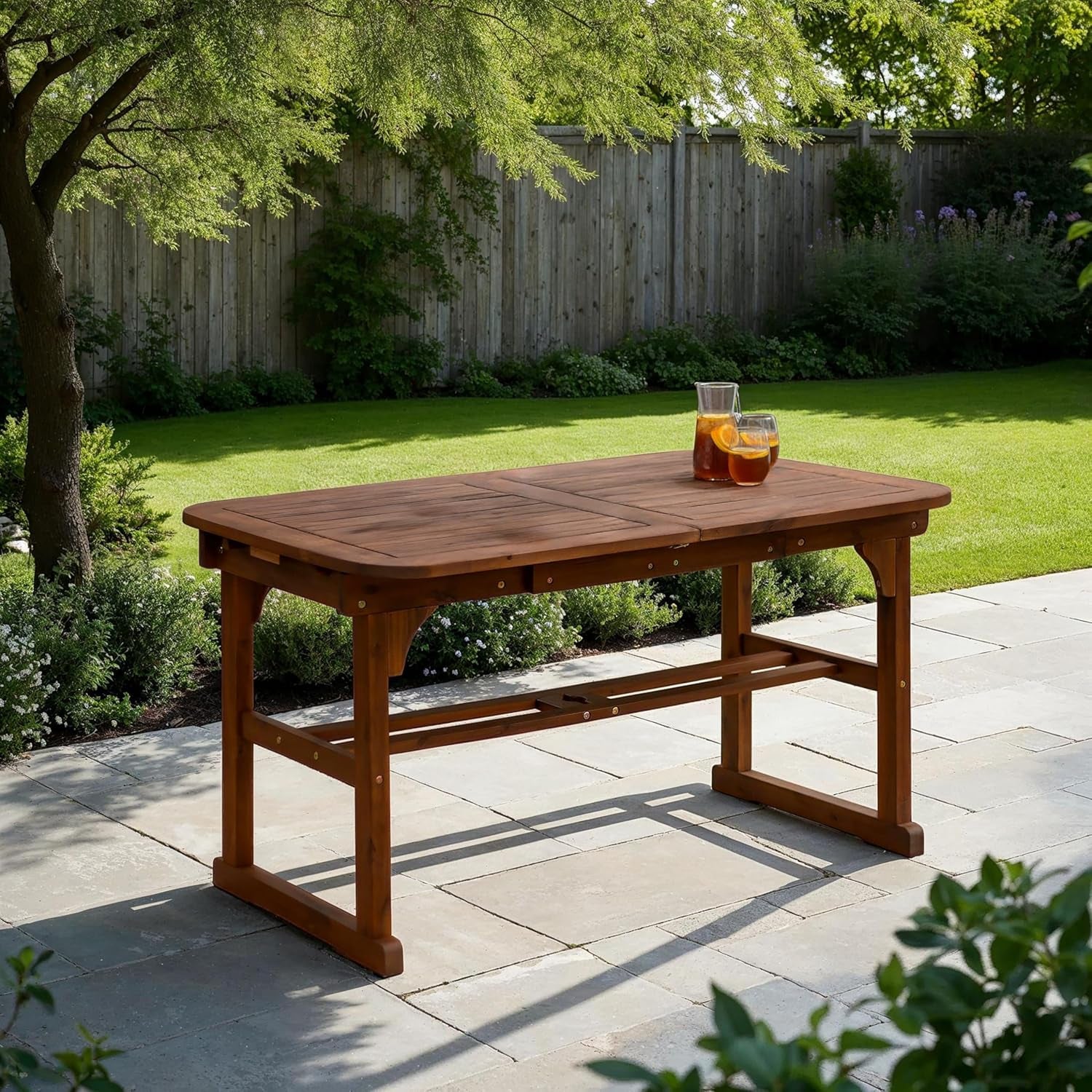 Maui Modern Solid Acacia Wood Slatted Patio Dining Table, 78 Inch, Dark Brown