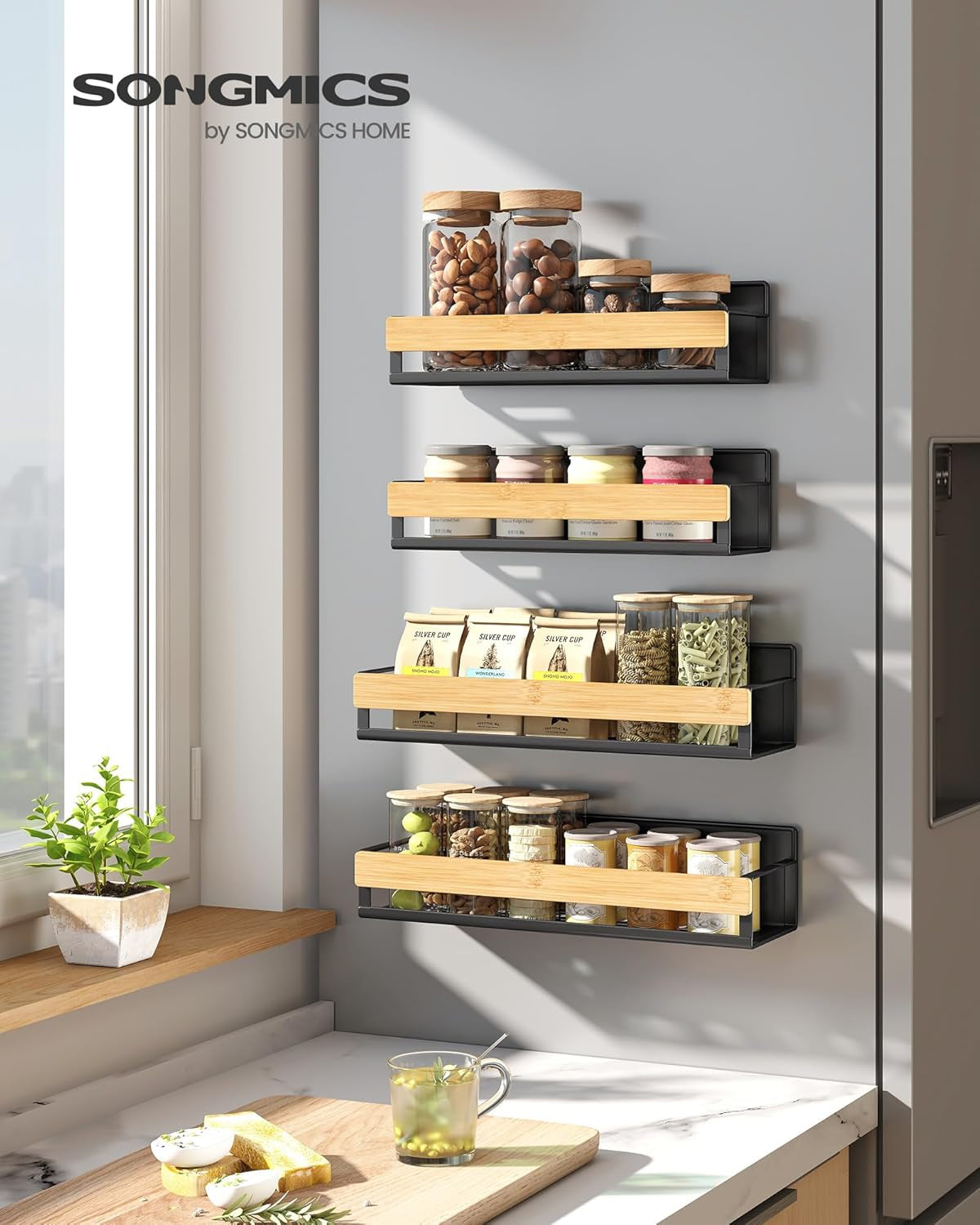 Magnetic Spice Rack for Refrigerator, 4 Pack, 2 Large and 2 Small Kitchen Magnetic Shelves for Washing Machine, Spice Organizers, No Drilling Needed, Ink Black and Light Bamboo UKCS062BH01