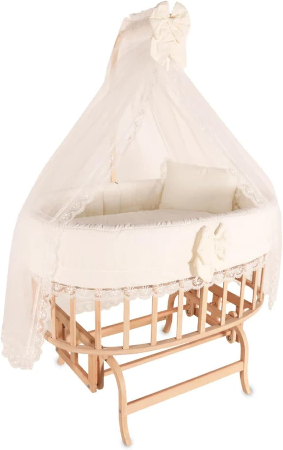 Wooden Baby Bassinet with Canopy, Natural Beech Cradle with Rocking & Locking Function, Includes 100% Cotton Bedding Set, Mattress, Pillow, Bumper, Mosquito Net, Baby Crib for Newborn to 24 Months