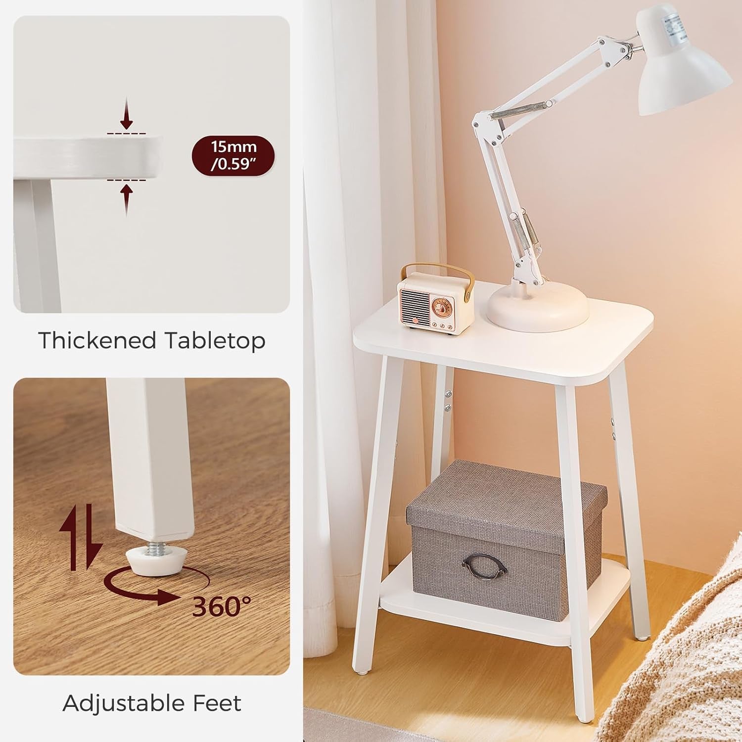 Side Table, Small Rectangular End Table with Storage Shelf, 2-Tier Bedside Table Sofa Couch Table, Nightstand for Small Spaces, Living Room, Bedroom, White ETWT4701