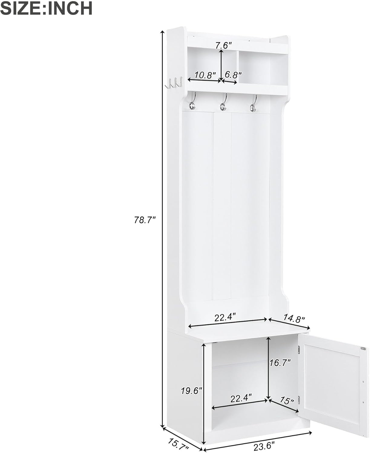 Minimalist Slim Hall Tree with Shoe Bench and 6 Hanging Hooks,Multi-Functional Entryway Coat Rack with Cabinet,Tall Hall Tree for Hallway,Living Room(White)