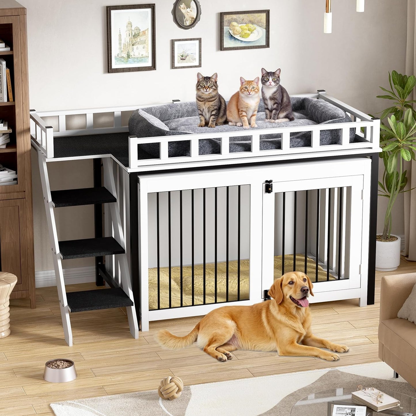 Dog Crate Furniture, Pet Bunk Bed with Stairs and Storage, Dogs/Cats Window Perch, with Multi-Purpose Blanket and Fluffy Dog Bed for Small Medium Size (55.1L X 28.5" W X 37.4" H)