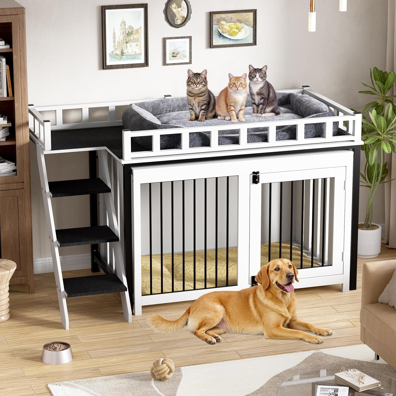 Dog Crate Furniture, Pet Bunk Bed with Stairs and Storage, Dogs/Cats Window Perch, with Multi-Purpose Blanket and Fluffy Dog Bed for Small Medium Size (55.1L X 28.5" W X 37.4" H)