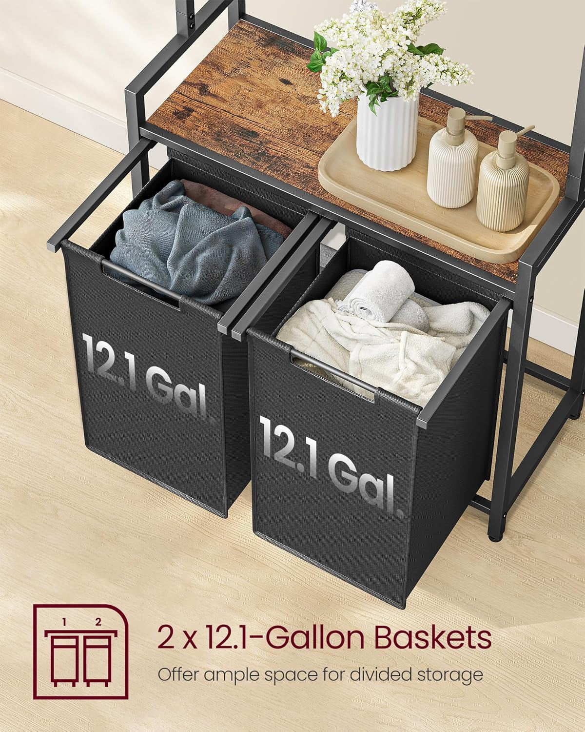 Laundry Sorter, Laundry Hamper 2 Section with Clothes Rack, Pull-Out and Removable Laundry Basket with Shelf, 28.7 X 13 X 69.7 Inches, Rustic Brown and Black UBLH241B01
