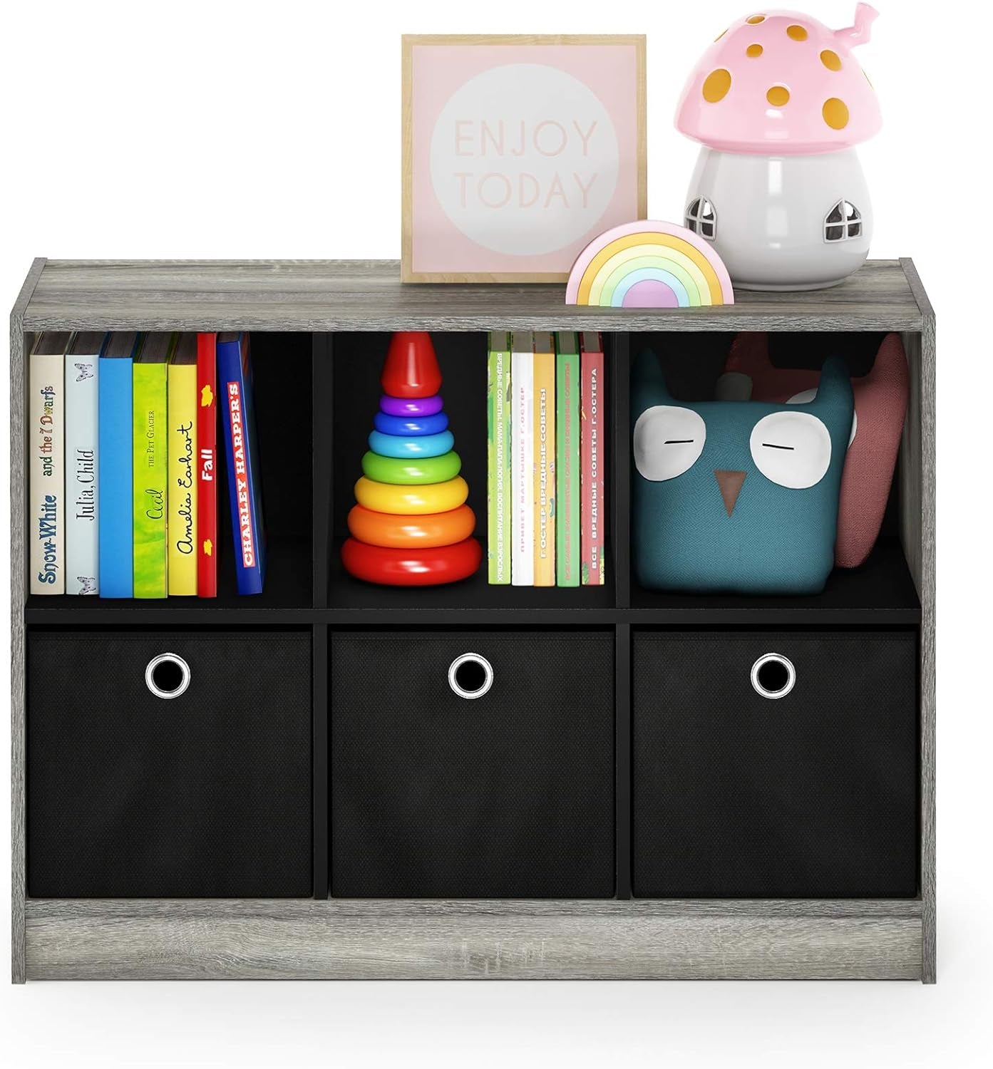 Basic 3X2 Cube Storage Bookcase Organizer with Bins, French Oak Grey/Black