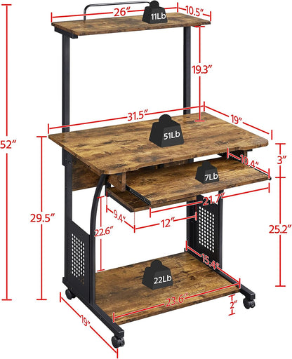 3 Tiers Rolling Computer Desk with Keyboard Tray and Printer Shelf for Home Office, Mobile Computer Desk for Small Space, Retro Computer Table Compact PC Laptop Workstation, Rustic Brown