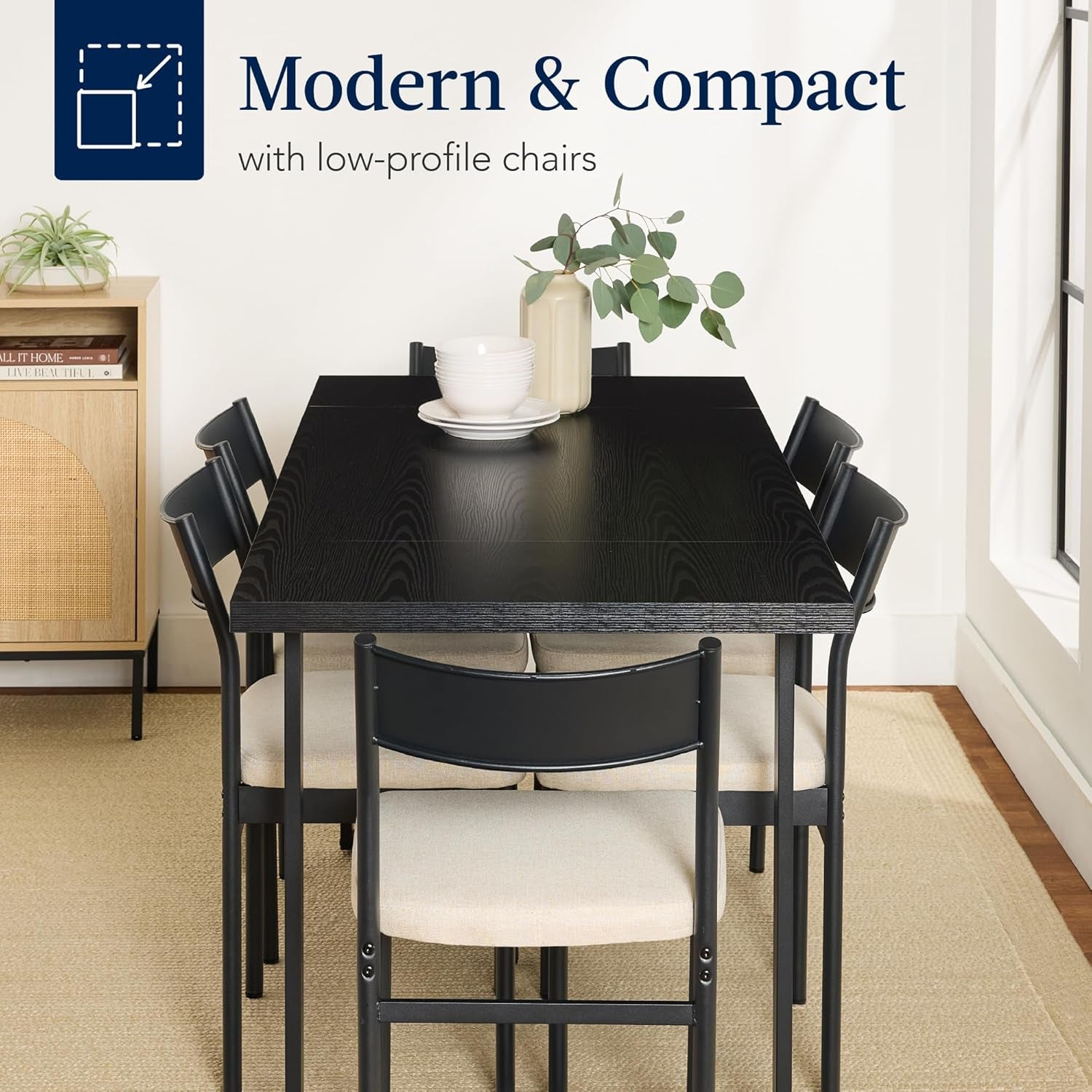 7-Piece Modern Dining Room Set, Kitchen Table Set, Dining Table W/ 6 Chairs, Upholstered Cushions, Solid Metal Frame, Curved Backrest - Black/Ivory