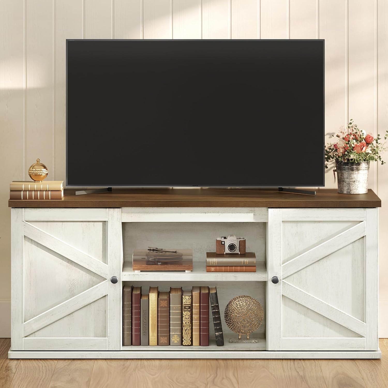 Farmhouse TV Stand for Tvs up to 65 Inches, Entertainment Center with Storage Cabinets and Sliding Barn Doors, Media Console Table for Living Room, Rustic White and Honey Brown ULTV535W01