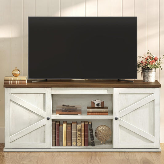 Farmhouse TV Stand for Tvs up to 65 Inches, Entertainment Center with Storage Cabinets and Sliding Barn Doors, Media Console Table for Living Room, Rustic White and Honey Brown ULTV535W01