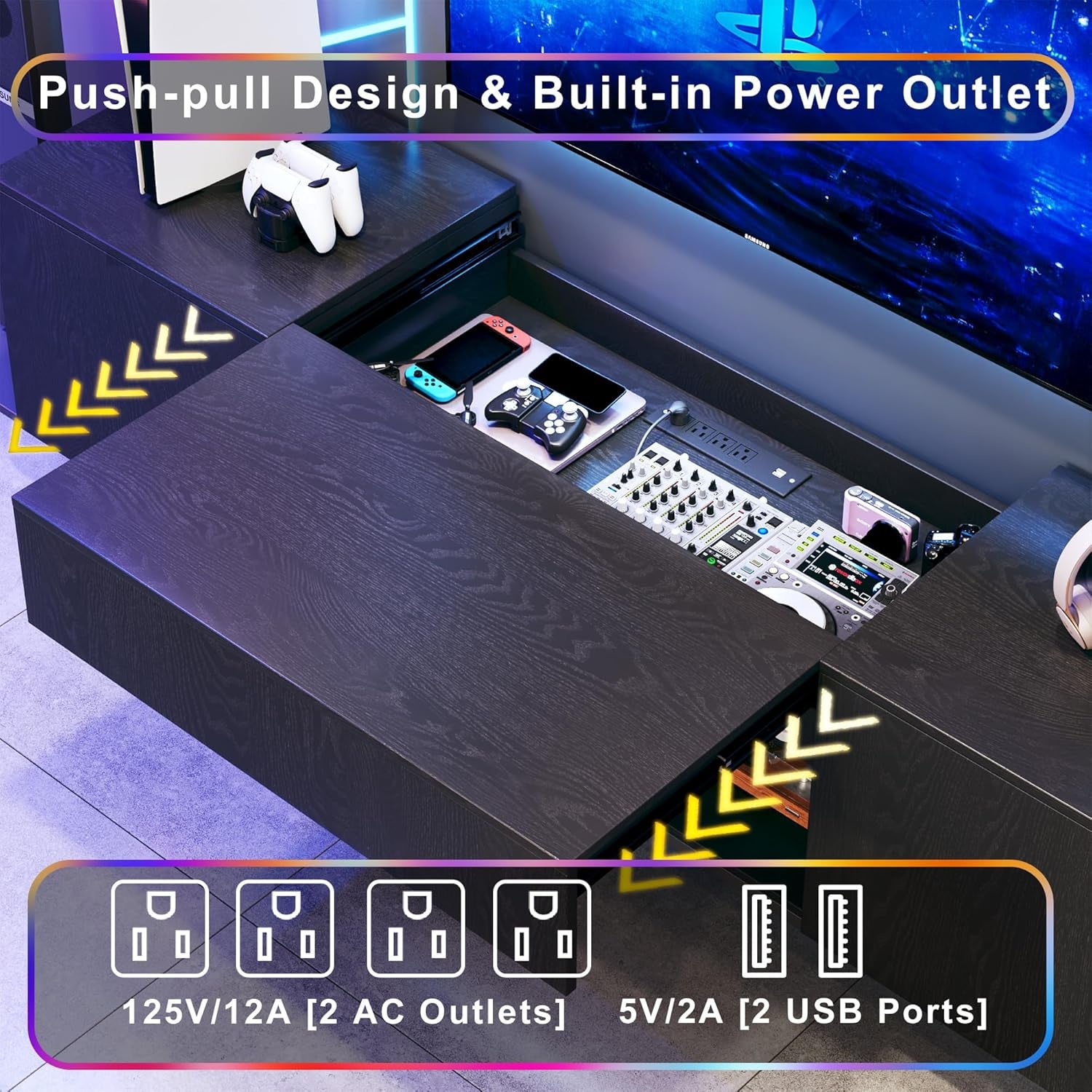 TV Stand for 75 Inch TV, Entertainment Center with LED Light, Modern Wood TV Console with Texture Entertainment Stand with Highlight Storage Cabinet for Tvs up to 70-80" Black