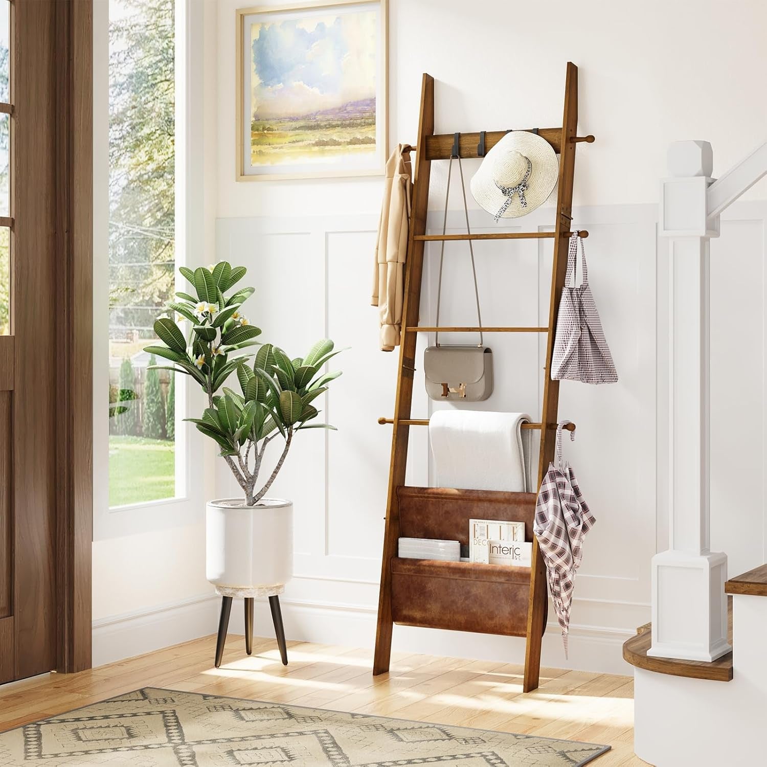Blanket Ladder, 5-Tier Farmhouse Wooden Rack with Synthetic Leather Pocket, 4 Removable Hooks, Decorative Leaning Ladder Shelf, Walnut