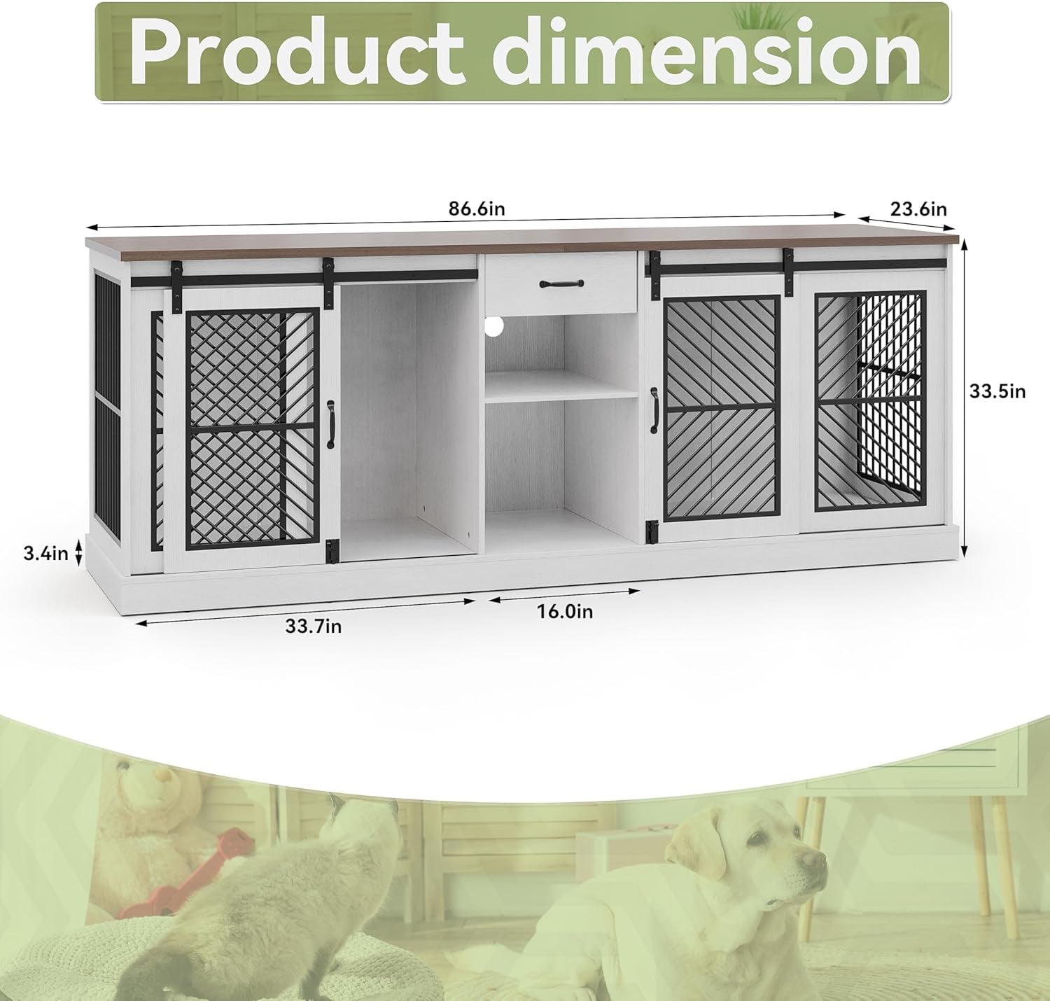 Large Pet Crate Furniture-Style Dog Cage for 2 Pets, Wooden TV Stand with Divider & Drawer Storage, Modern Design Kennel Indoor, 86.6" L X 23.6" W X 33.5" H