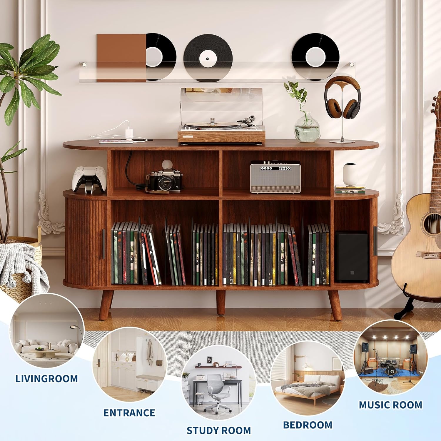 55" Large Record Player Stand with Vinyl Storage – round Mid-Century Record Player Table Rustic Turntable Stand with Open Display Shelves, Charging Station, Media Cabinet for Office & Home