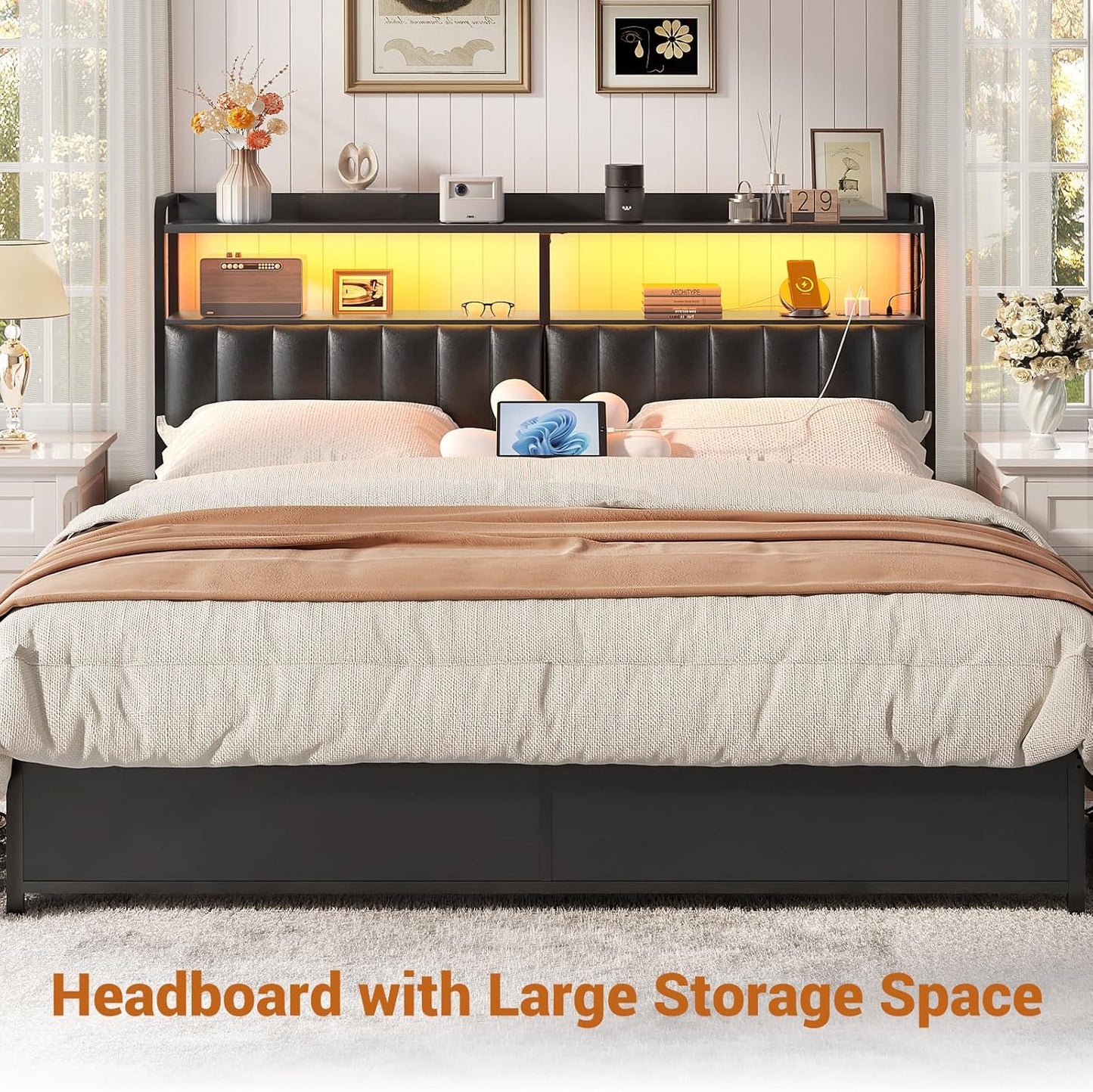 Headboard for Queen Size Bed Frame, Upholstered Headboards with Outlets, USB Ports and LED Light, Leather Head Board with Storage, Height Adjustable, Comfortable Headboard, Queen Size, Black