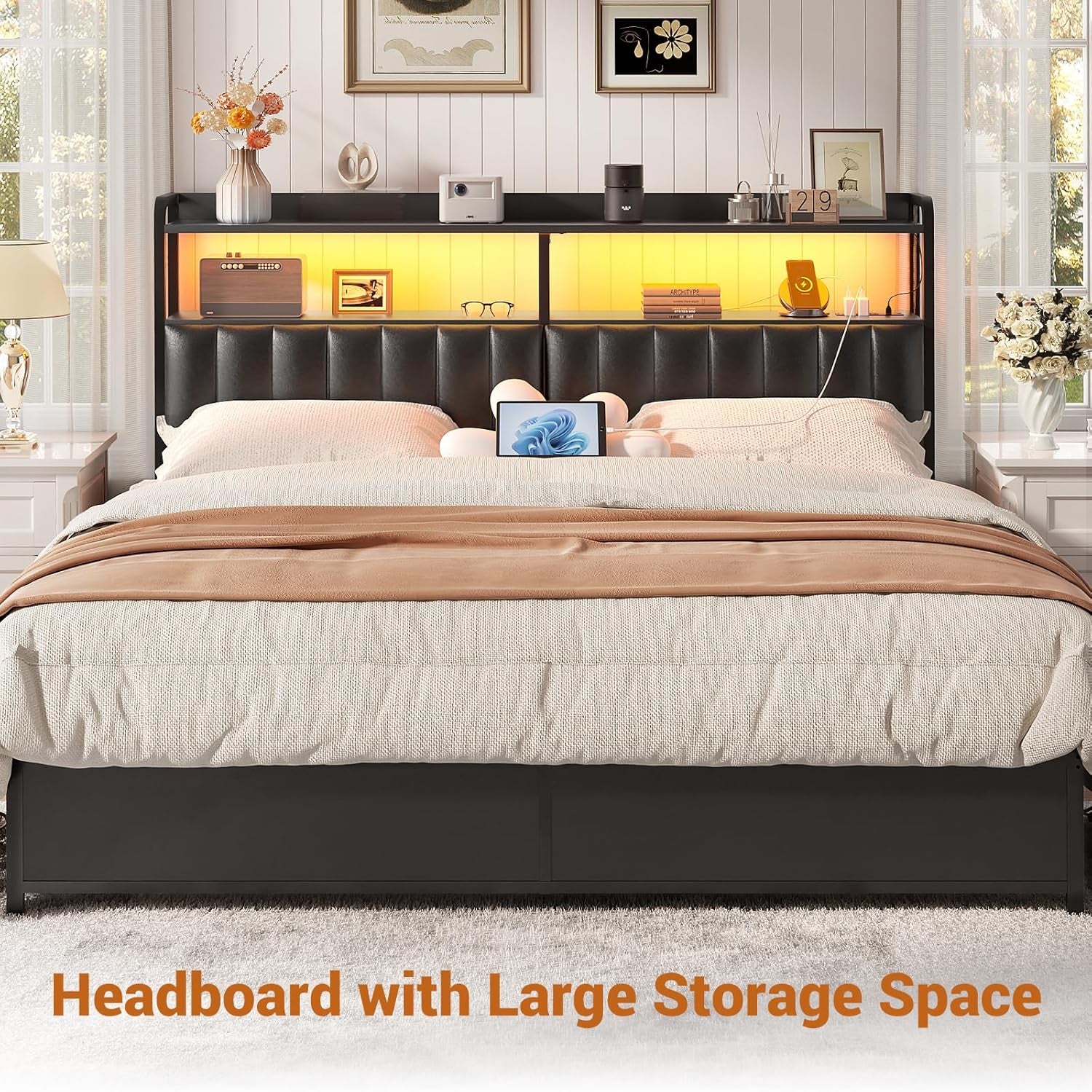 Headboard for Queen Size Bed Frame, Upholstered Headboards with Outlets, USB Ports and LED Light, Leather Head Board with Storage, Height Adjustable, Comfortable Headboard, Queen Size, Black