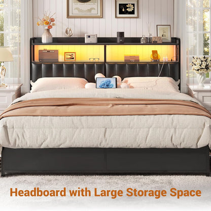 Headboard for Queen Size Bed Frame, Upholstered Headboards with Outlets, USB Ports and LED Light, Leather Head Board with Storage, Height Adjustable, Comfortable Headboard, Queen Size, Black