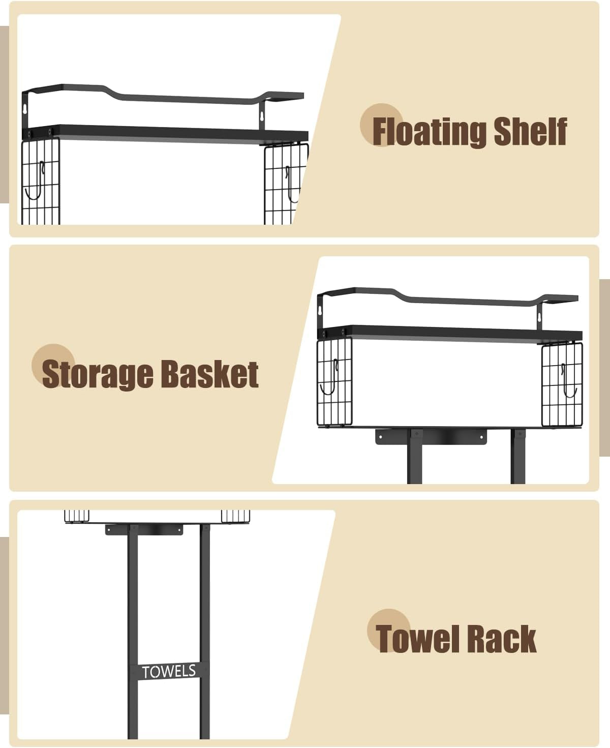 Towel Racks for Bathroom 31Inch Wall Mounted Towel Rack,Floating Shelf with Wood Plank,Towel Storage for Bathroom Can Holds 6 Large Rolled Towels,All Black