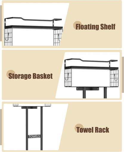 Towel Racks for Bathroom 31Inch Wall Mounted Towel Rack,Floating Shelf with Wood Plank,Towel Storage for Bathroom Can Holds 6 Large Rolled Towels,All Black