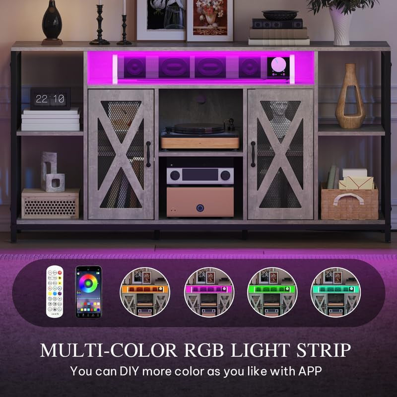 TV Stand for 70/65 Inch TV, 33.5'' Tall TV Stands for Living Room, Entertainment Center with Storage, LED TV Stand with Power Outlets, TV Media Console Cabinet, Grey