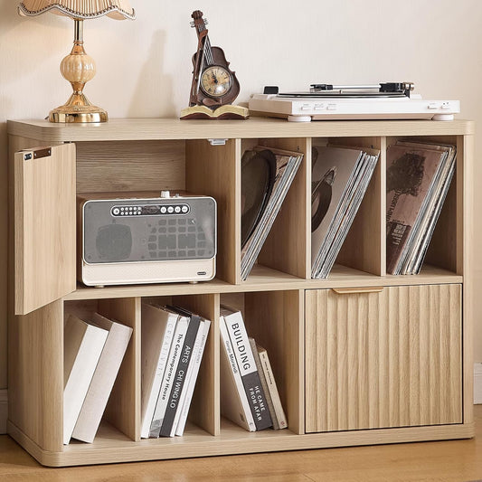 Large Record Player Stand with Vinyl Storage up to 450 Albums, Wood Fluted Boho Record Storage Accent Cabinet, Modern Stereo Media Cabinets, Wide Turntable Stand for Living Room, Natural Oak