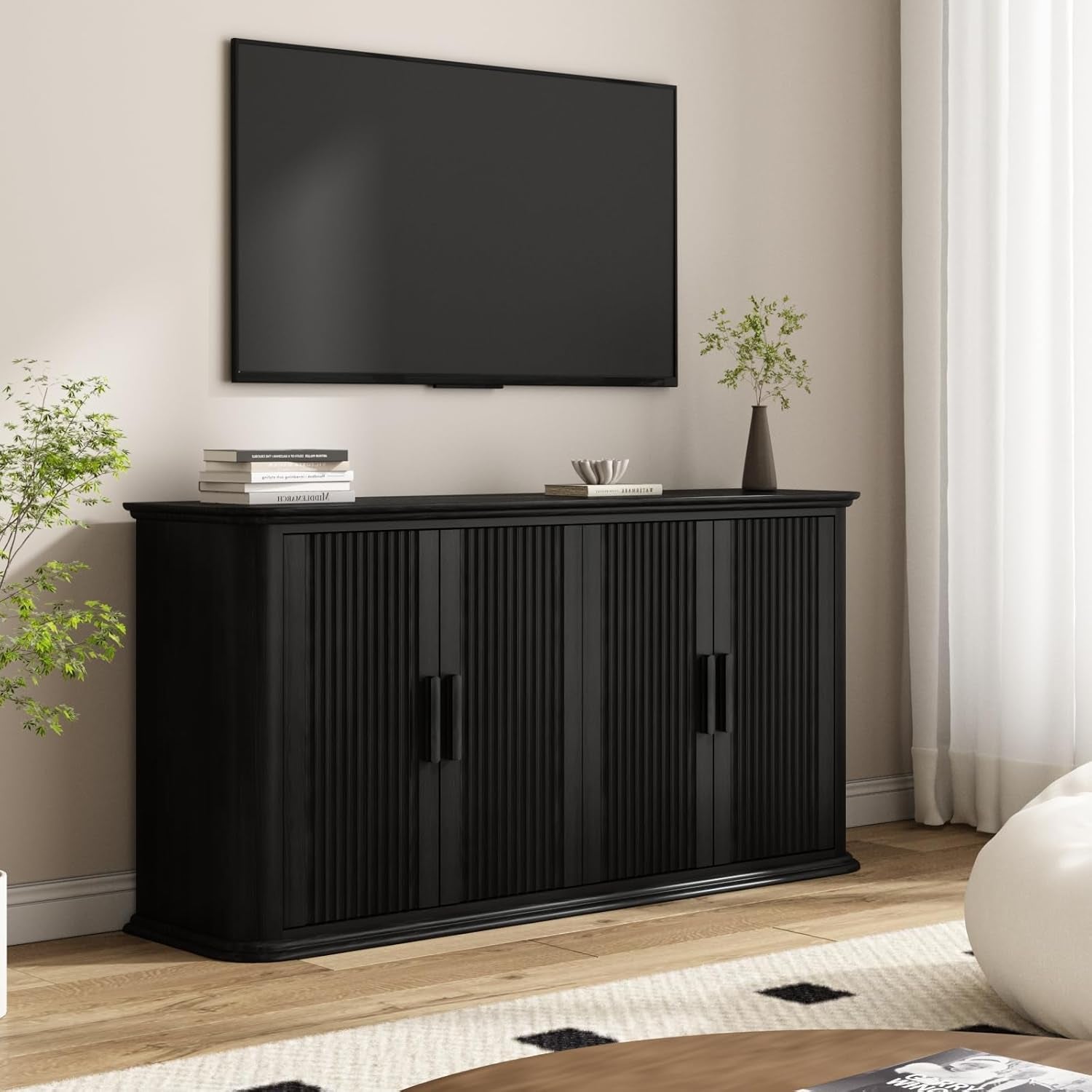 Fluted Sideboard Buffet Cabinet with Storage, 60" Modern Credenza with 4 Doors & Adjustable Shelves, Wood Coffee Bar Table for Living Room, Kitchen, Dining Room, Hallway, Black