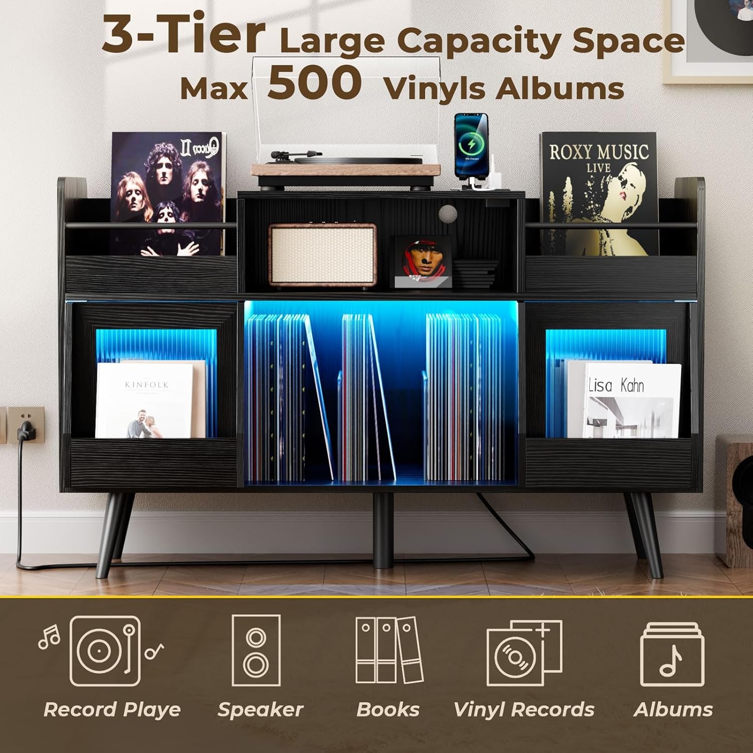 XL Black Record Player Stand,Turntable Stand Shelf with with Power Outlet and LED Light,Vinyl Record Storage Cabinet up to 500 Albums, Wood Record Player Holder Table for Living Room