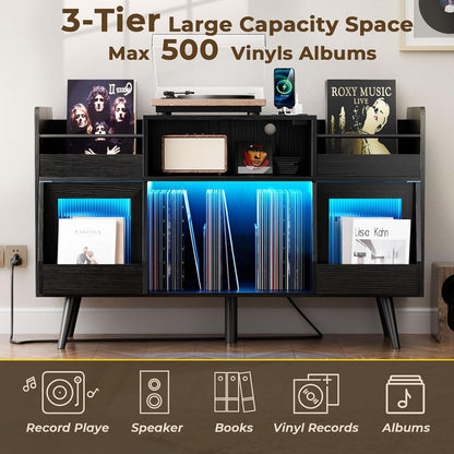 XL Black Record Player Stand,Turntable Stand Shelf with with Power Outlet and LED Light,Vinyl Record Storage Cabinet up to 500 Albums, Wood Record Player Holder Table for Living Room