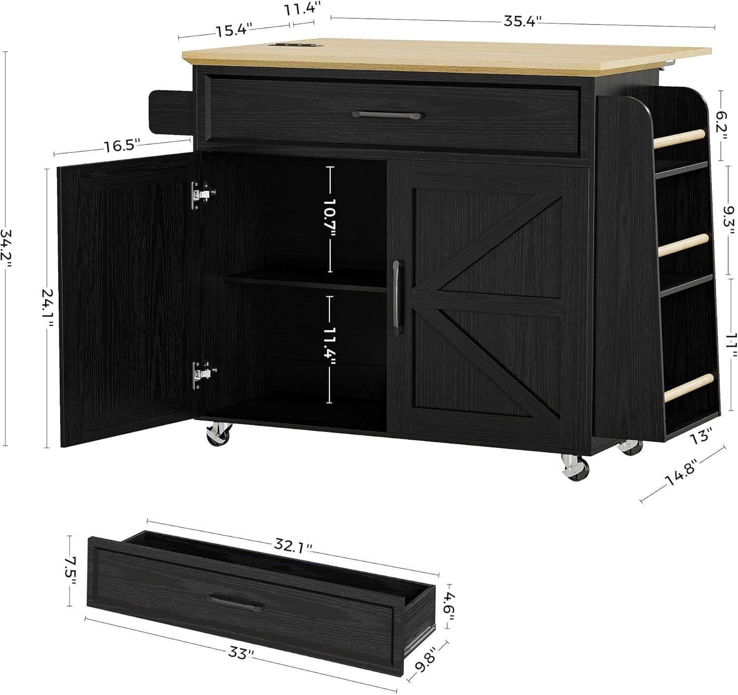 Kitchen Island Cart with Storage, Rolling Kitchen Table with Power Outlet, Storage Cabinets on Wheels with Drop Leaf, Portable for Dining Room, Black