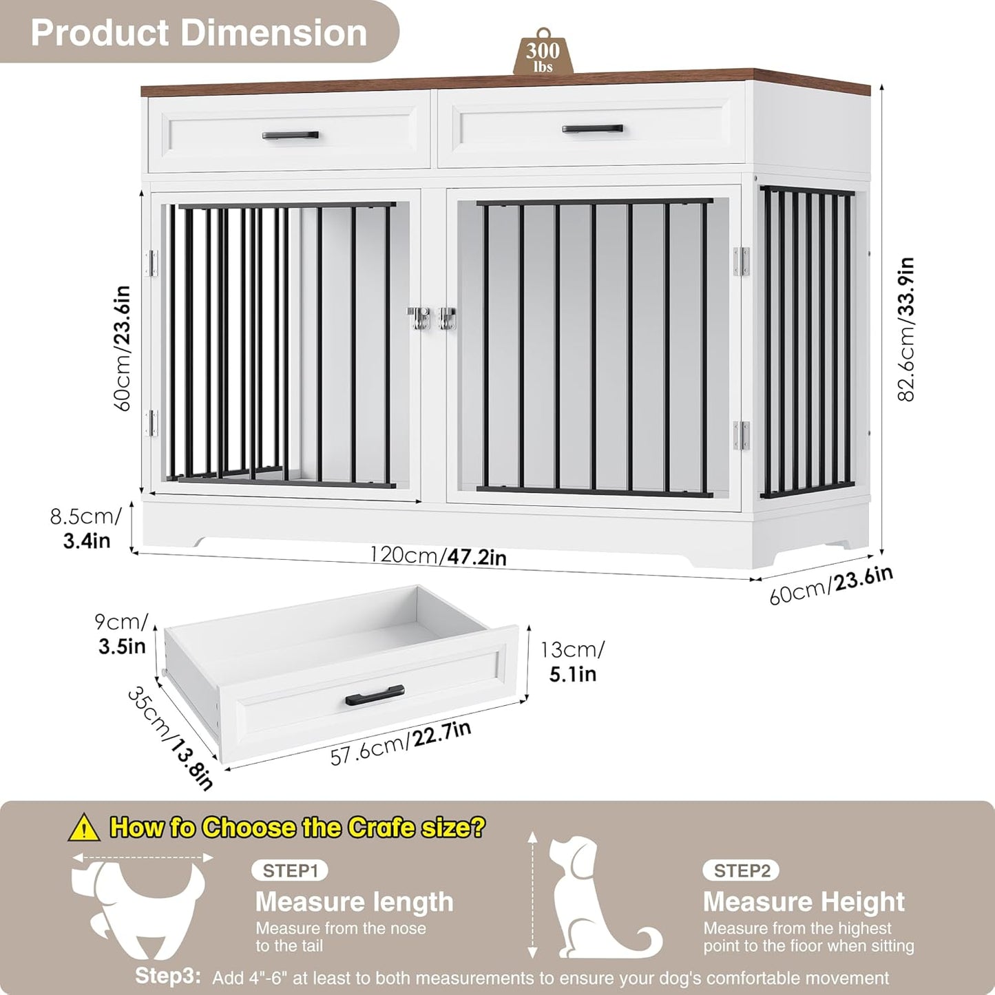 Dog Crate Furniture 47" Wooden Dog Kennels for Dogs Indoor with a Removable Divider for Large/Medium/Small Dogs, 2 Storage Drawers and Large Tabletop Dog Cages Double Doors Dog House, White