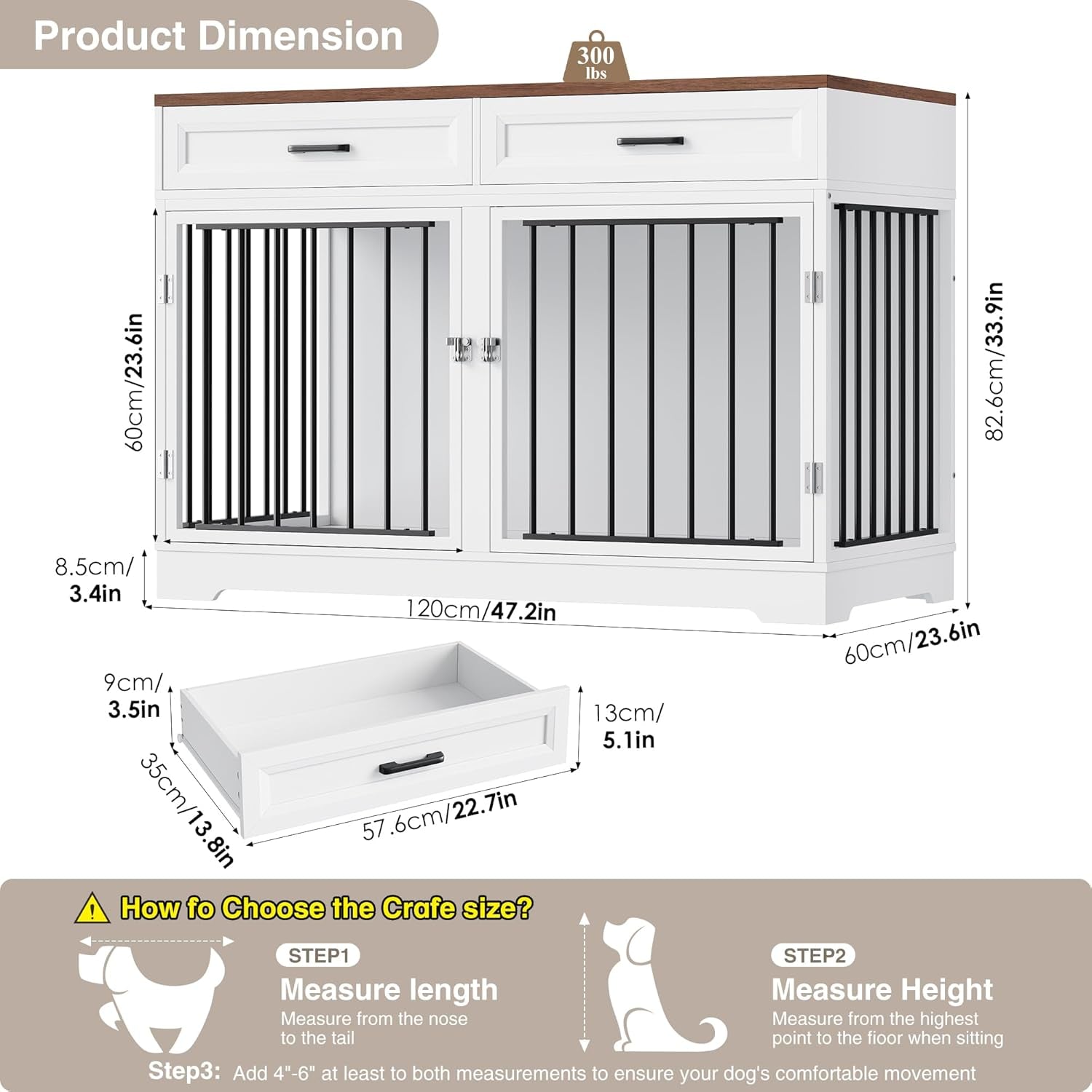 Dog Crate Furniture 47" Wooden Dog Kennels for Dogs Indoor with a Removable Divider for Large/Medium/Small Dogs, 2 Storage Drawers and Large Tabletop Dog Cages Double Doors Dog House, White