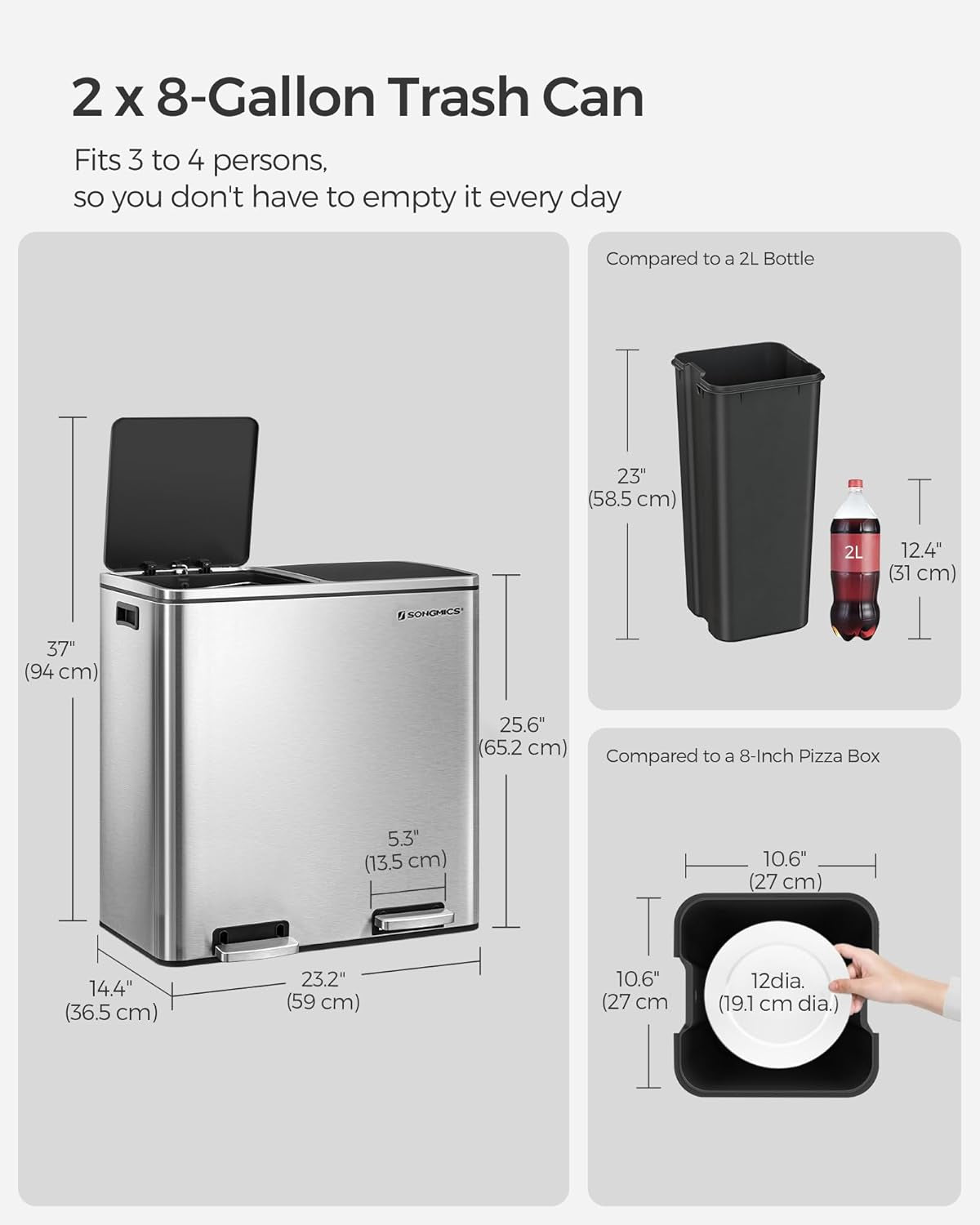 Trash Can, 2 X 8 Gallon (2 X 30 L) Garbage Can for Kitchen, with 15 Trash Bags, 2 Compartments, Plastic Inner Buckets and Hinged Lids, Airtight, Silver and Black ULTB60NL
