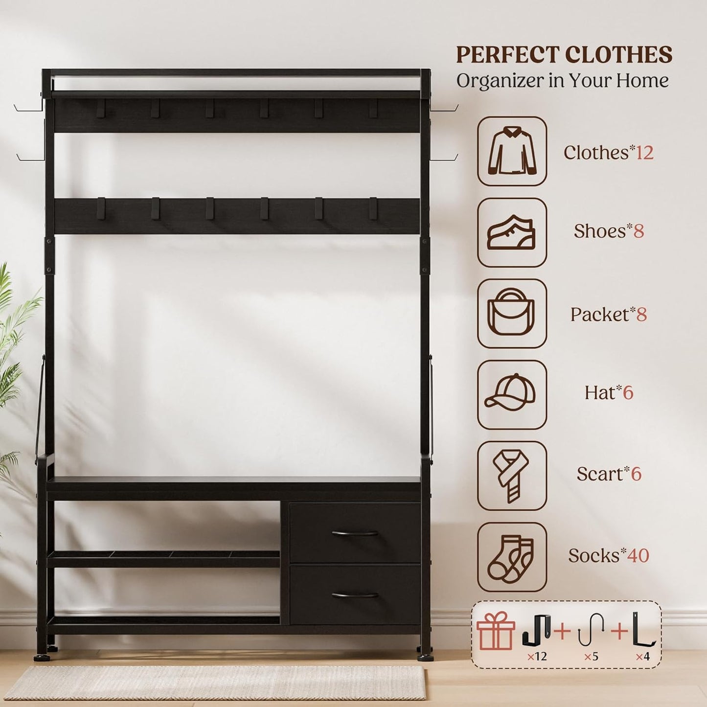 Hall Tree with Bench and Shoe Storage, 39.4” Entryway Bench with Coat Rack Freestanding, 5 in 1 Entryway Furniture Organizer Large Coat and Shoe Rack with 21 Hooks and Drawers, Black