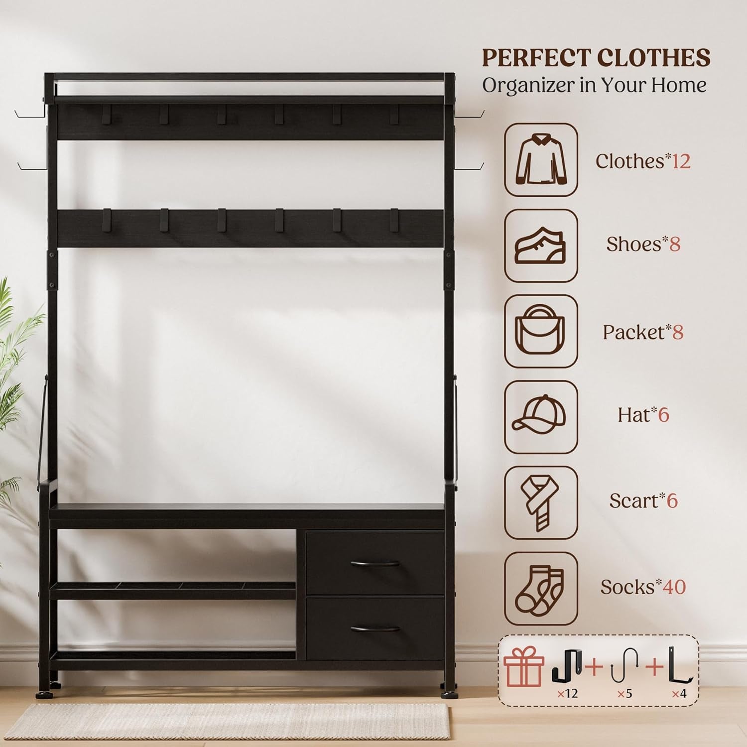 Hall Tree with Bench and Shoe Storage, 39.4” Entryway Bench with Coat Rack Freestanding, 5 in 1 Entryway Furniture Organizer Large Coat and Shoe Rack with 21 Hooks and Drawers, Black