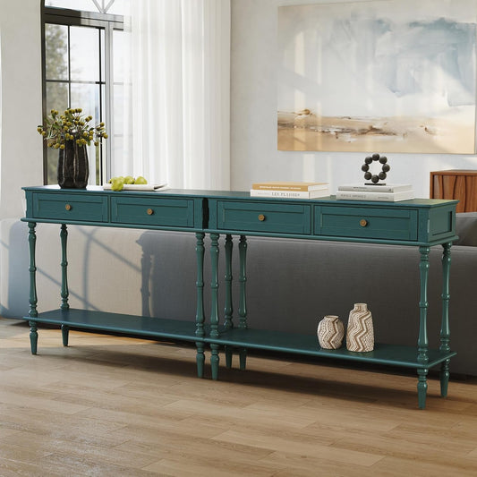 Console Table for Entryway with 2 Drawers-Minimal Assembly,Retro Entryway Tables with Storage Cabinets and Open Shelf,Narrow Long Couch Table behind Sofa for Living Room,Foyer,Hallway,Green