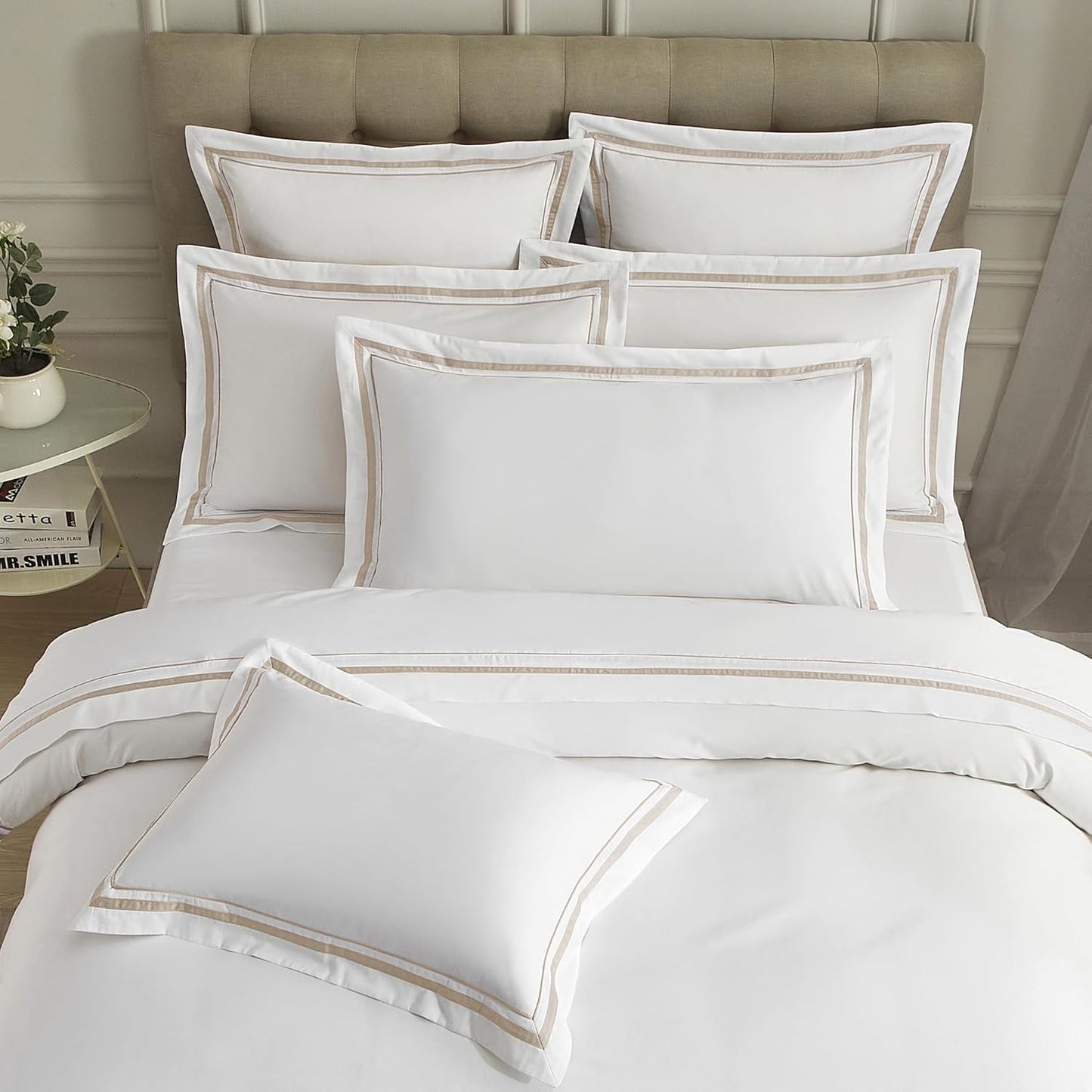 White Pillow Shams King Size Set of 2, 100% Cotton 400TC Sateen Luxury Hotel Pillow Cases, Pipping Oxford Pillowcases with Envelope Closure for Bedding Linen, 20X36 Inches (White with Khaki)