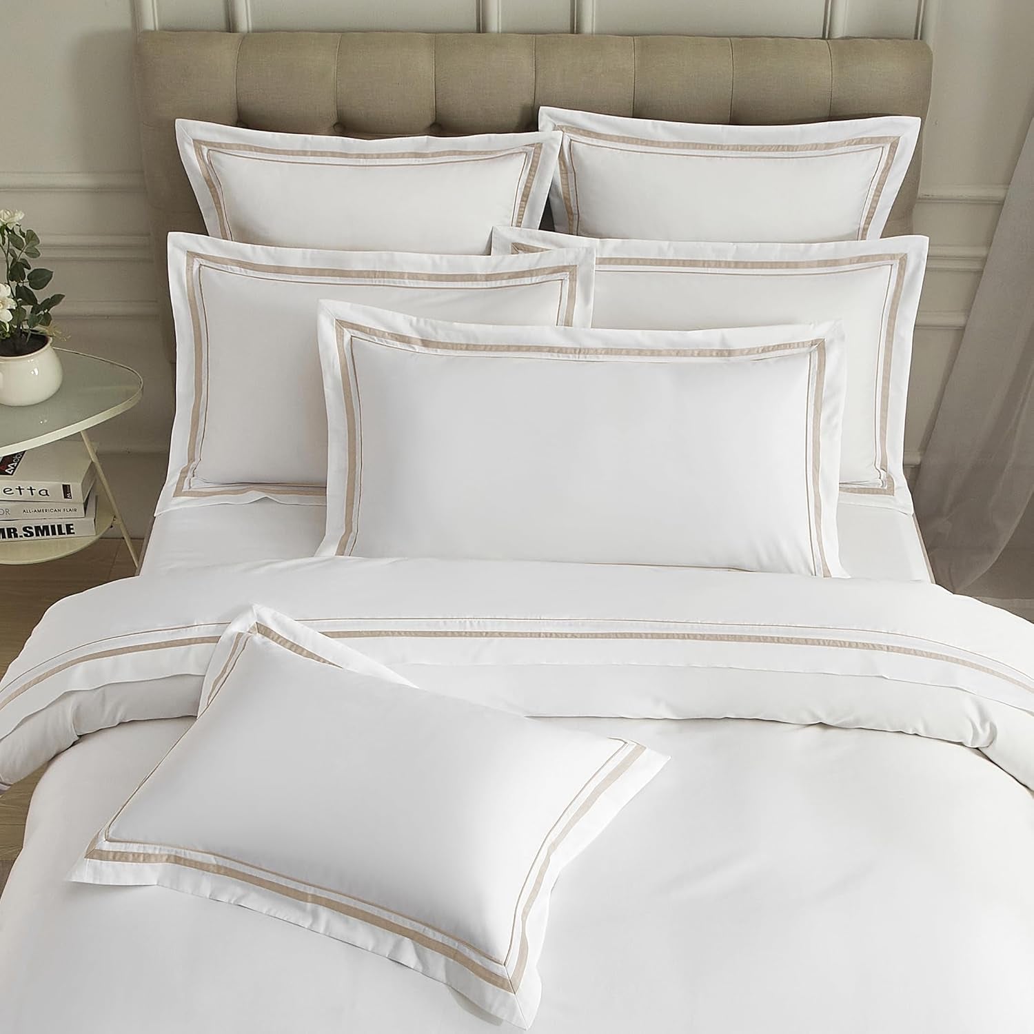White Pillow Shams King Size Set of 2, 100% Cotton 400TC Sateen Luxury Hotel Pillow Cases, Pipping Oxford Pillowcases with Envelope Closure for Bedding Linen, 20X36 Inches (White with Khaki)