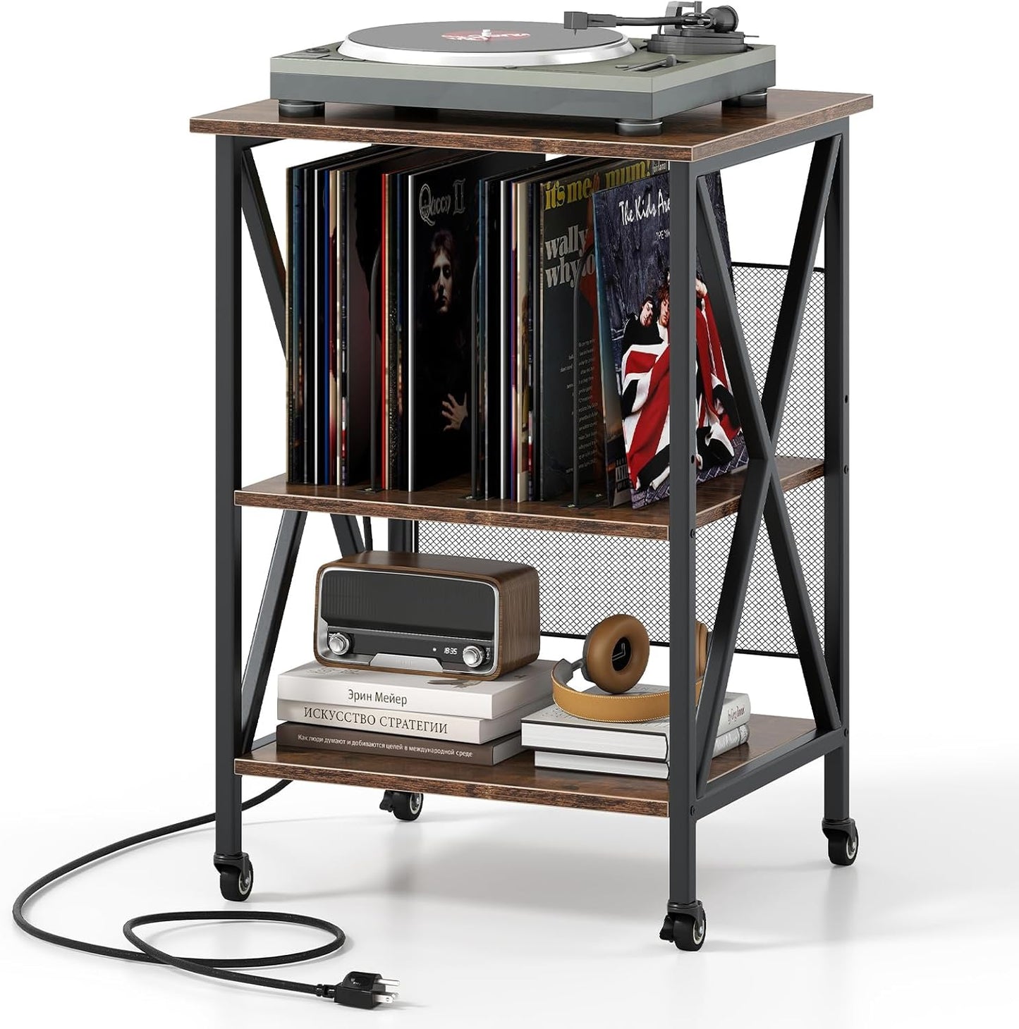 Record Player Stand with Charging Station, Turntable Stand with Record Storage & 4 Rolling Wheels, Vinyl Record Storage Table up to 250 Albums for Living Room, Bedroom (Dark Brown)