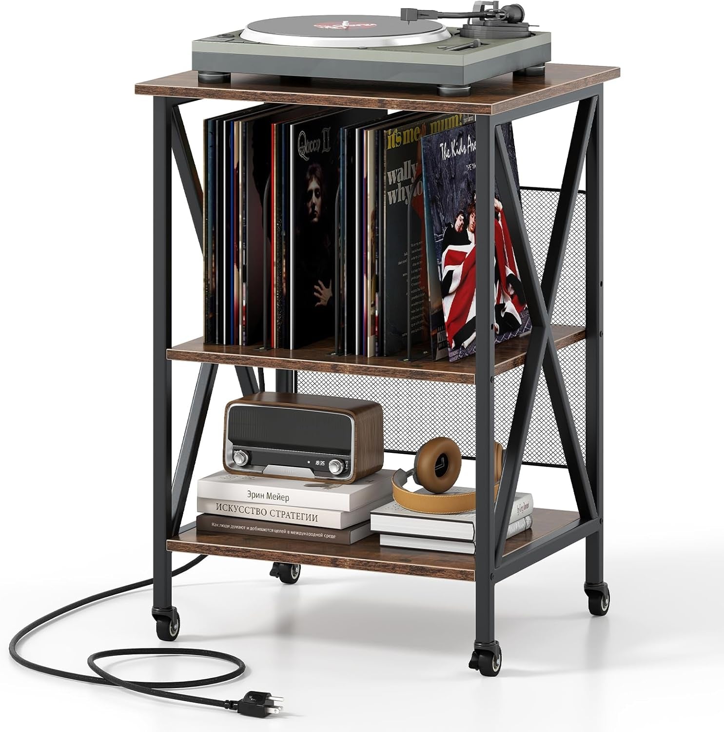 Record Player Stand with Charging Station, Turntable Stand with Record Storage & 4 Rolling Wheels, Vinyl Record Storage Table up to 250 Albums for Living Room, Bedroom (Dark Brown)