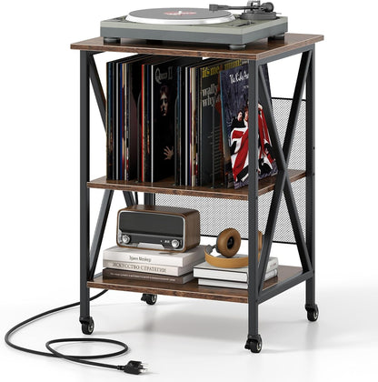 Record Player Stand with Charging Station, Turntable Stand with Record Storage & 4 Rolling Wheels, Vinyl Record Storage Table up to 250 Albums for Living Room, Bedroom (Dark Brown)