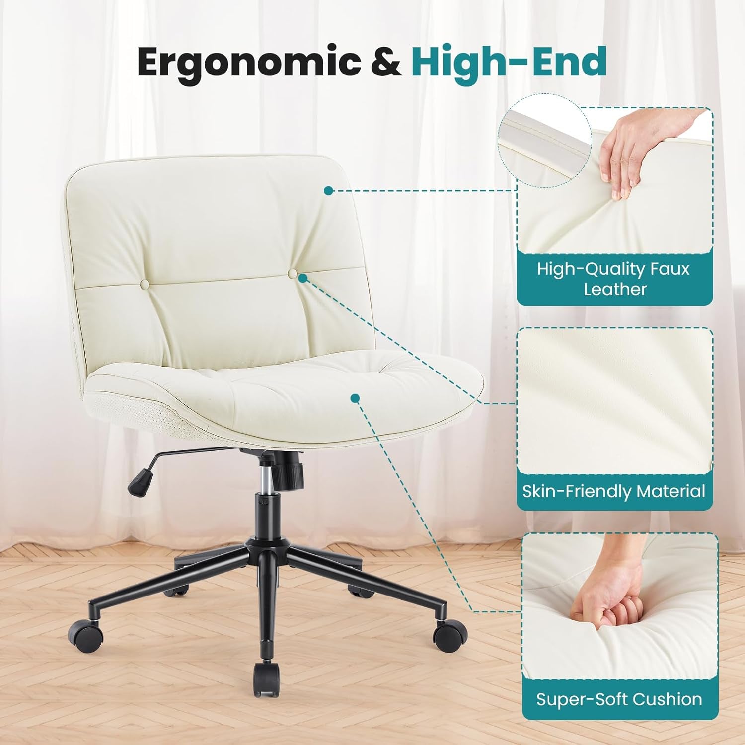 Criss Cross Chair with Wheels, Armless Wide Cross Legged Vanity Office Desk Chair with Comfy PU Leather& Back - Swivel for Home Office Bedroom, Beige