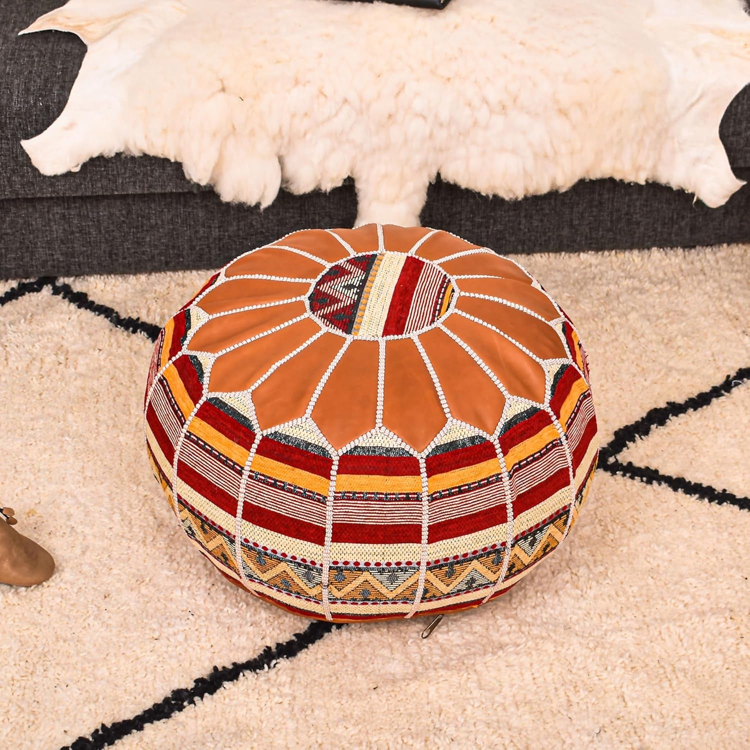 Bohemian Unstuffed Moroccan Pouf Ottoman, round Ottoman Foot Rest, Handmade Bean Bag with Large Storage - Cover Floor Chair for Living Room, Bedroom - Ideal as Wedding Gifts