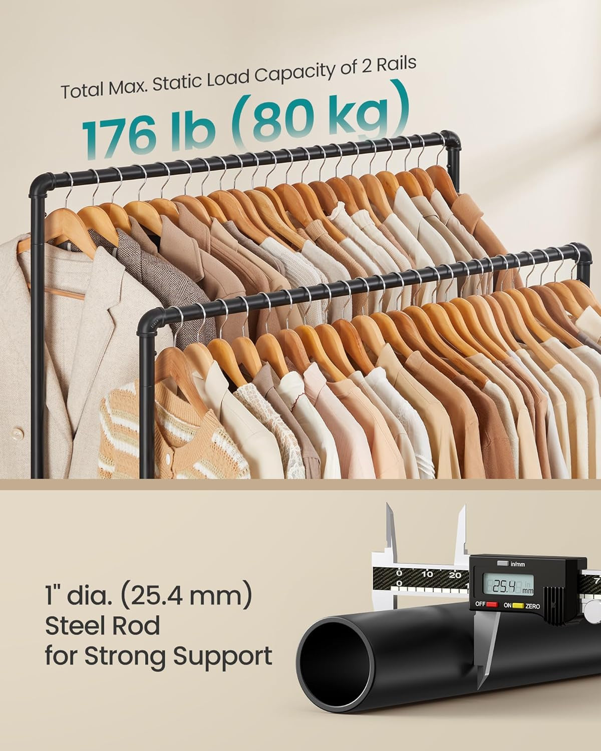 Cabideiro, Suporte Para Roupas, Arara Com 2 Trilhos De 100 Cm, Estrutura De Metal, Com Rodas E Prateleira De Armazenamento, 2 Rodízios Com Freio, Suporta Até 90 Kg, Preto BRHSR60BV1