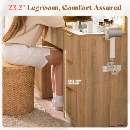 47.2" Fluted Vanity Desk with Mirror and Adjustable LED Lights, Large 7 Drawers Makeup Vanity Table with Glass Top and Charging Station for Women and Girls, Bedroom or Dorm, Natural Oak