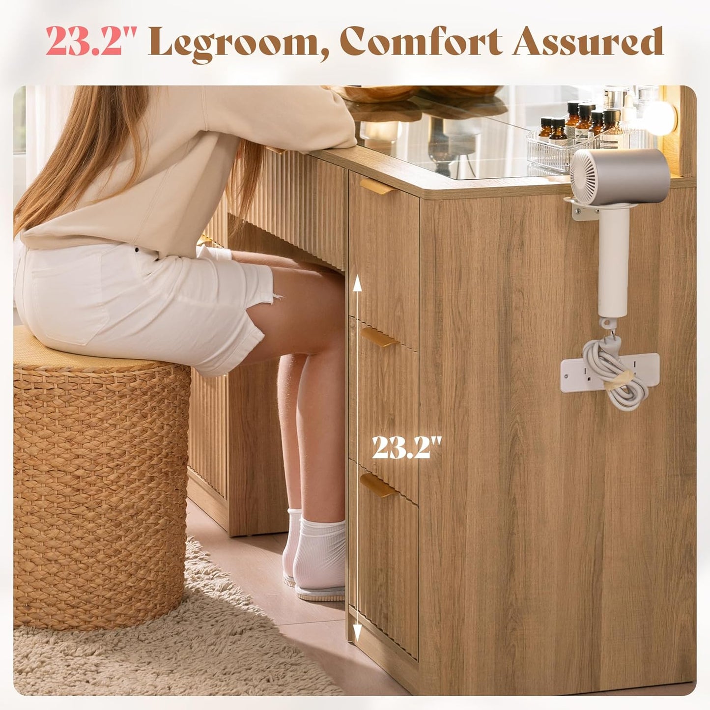 47.2" Fluted Vanity Desk with Large Mirror and Adjustable LED Lights, 7 Drawers Makeup Table with Glass Top and Charging Station for Women and Girls, Bedroom or Dorm, Oak