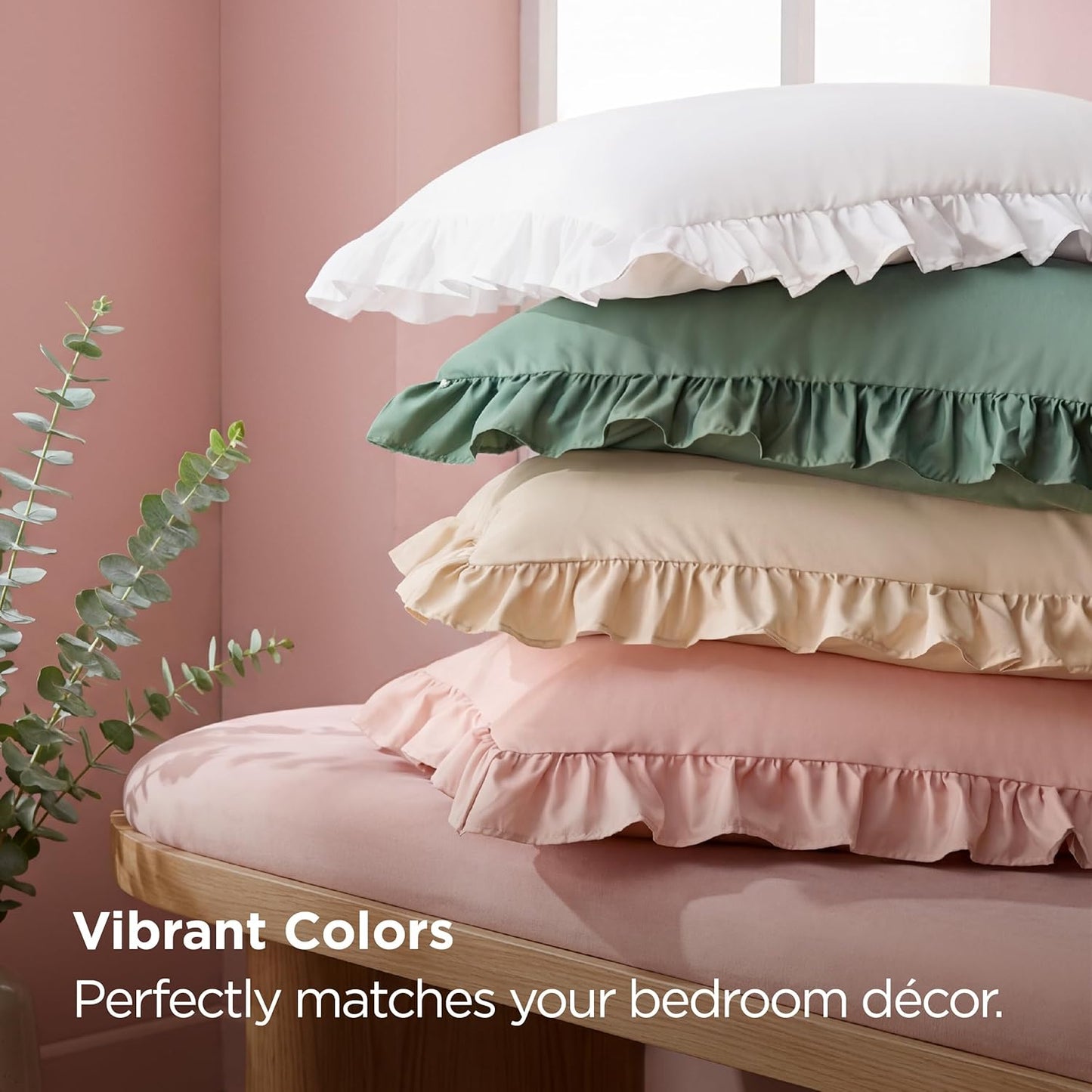 Bedsure Ruffle Pillow Cases, Pillow Shams King Size Set of 2, Double Brushed Microfiber, Decorative Ruffled Pillow Covers with Envelope Closure, Wrinkle Fade Resistant, 20" X 36", Beige