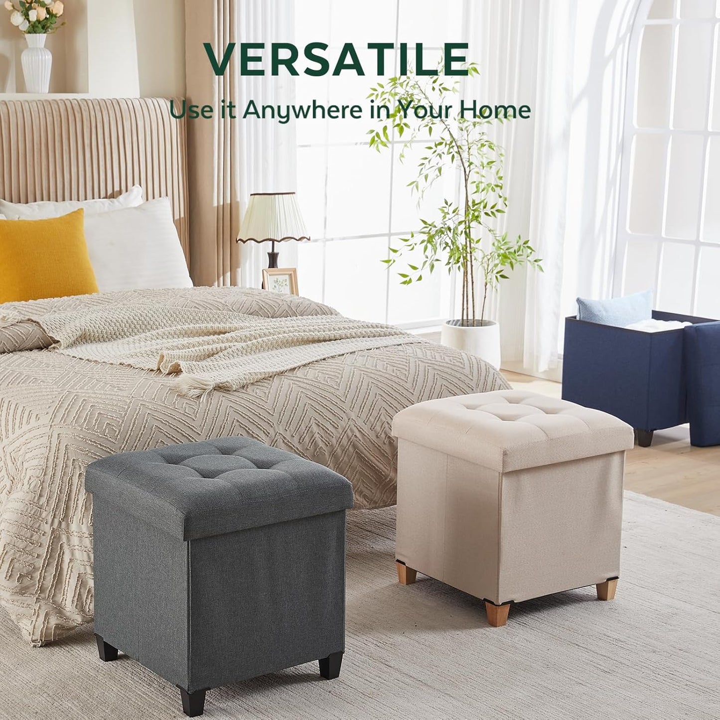 17.7" Square Ottoman with Storage, Storage Ottoman Foot Stool with Lid & Solid Wood Legs, Linen Ottomans for Living Room, Bedroom, Dorm, Gray