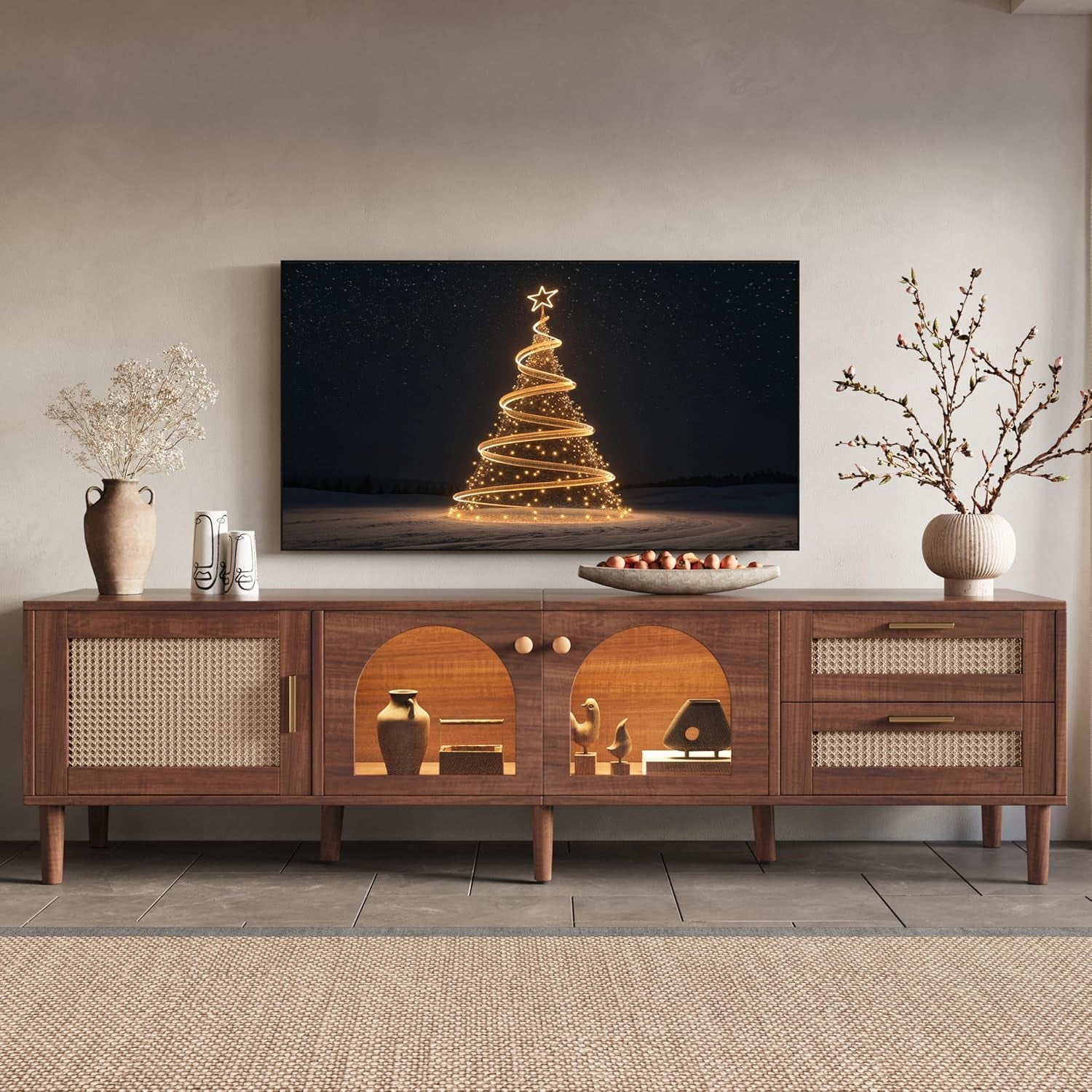 Rattan TV Stand with LED Lights, 70" Entertainment Center with 3 Cabinets & 2 Drawers Media Console Table for Tvs up to 80", Solid Wood Feet, Living Room, Bedroom Furniture