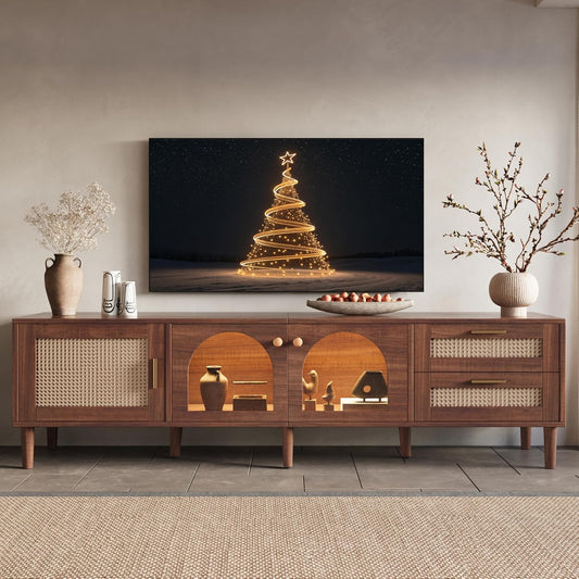 Rattan TV Stand with LED Lights, 70" Entertainment Center with 3 Cabinets & 2 Drawers Media Console Table for Tvs up to 80", Solid Wood Feet, Living Room, Bedroom Furniture